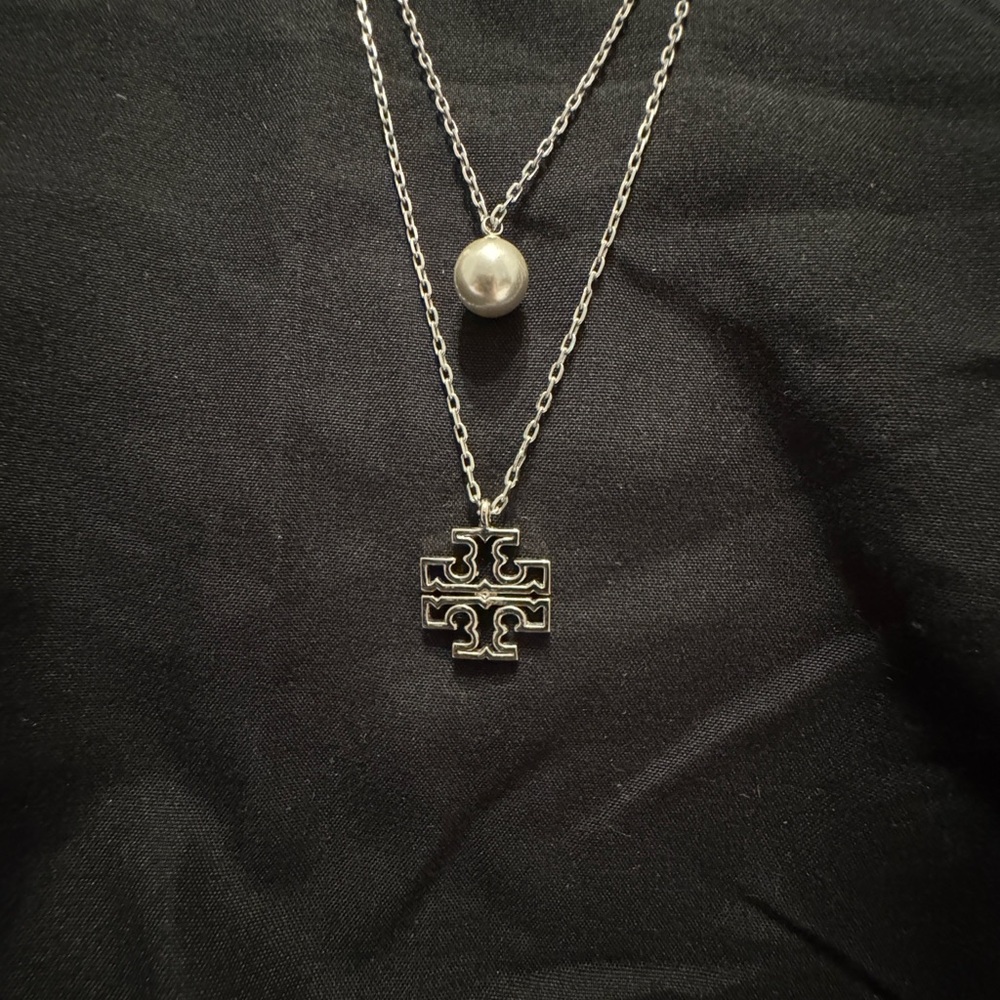 Tory Burch Silver Necklace with Pearl and Logo Pendant